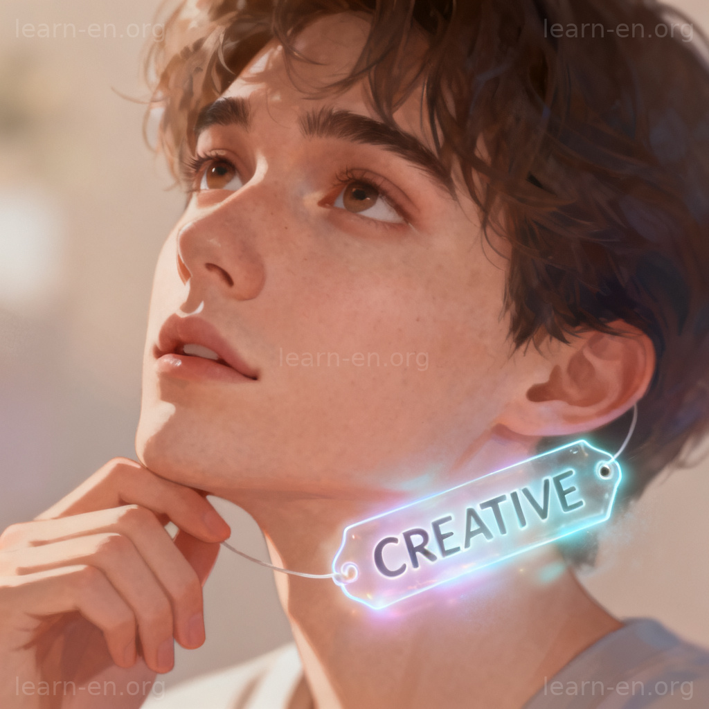 Concept of attributing a quality: thoughtful person with glowing creative label attached to them.