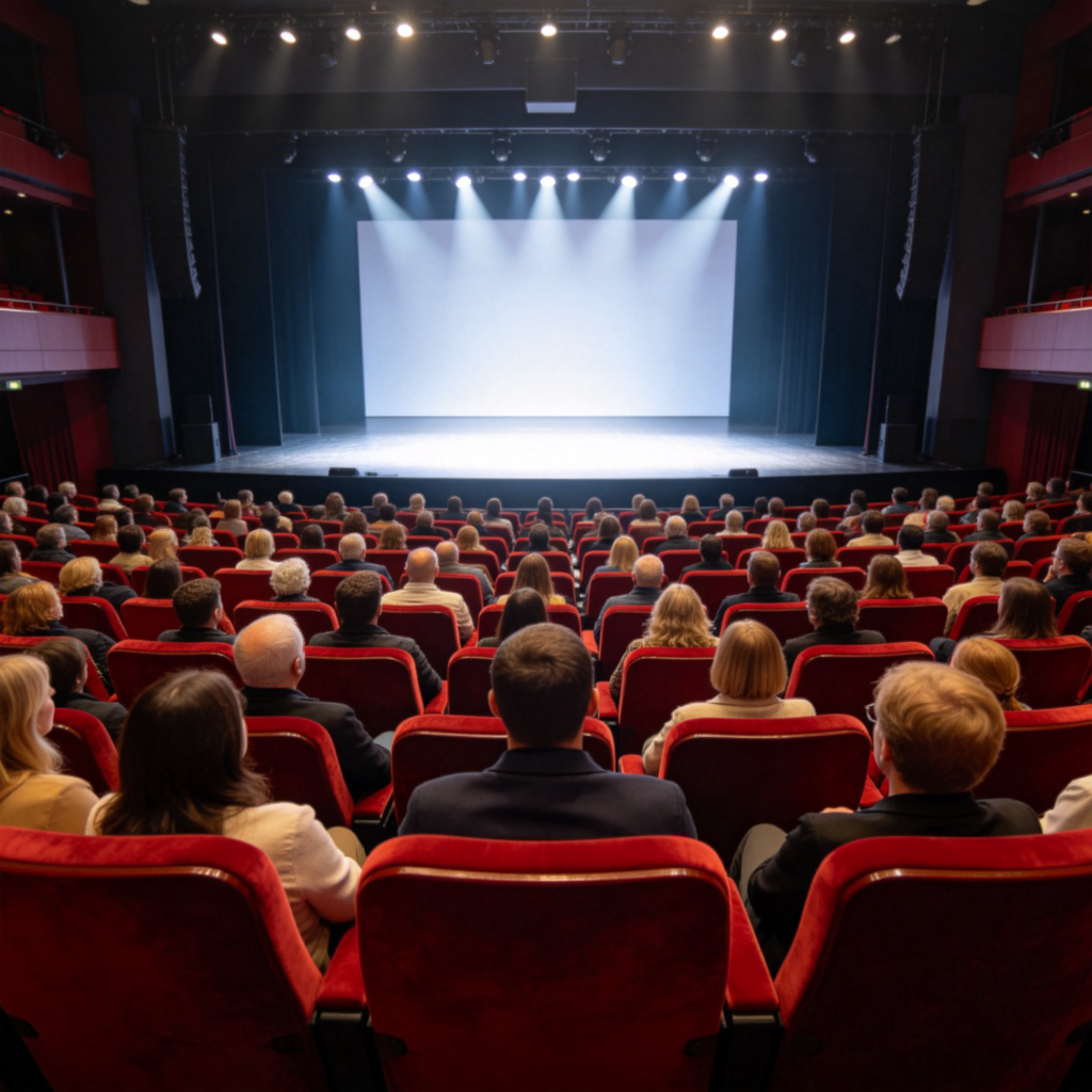 A wide-angle view of a modern theater filled with people. The focus is on the diverse crowd sitting in red velvet seats, all facing towards a brightly lit stage in the background. The atmosphere is anticipatory and quiet. Clear lighting, realistic style, no text on stage or seats.