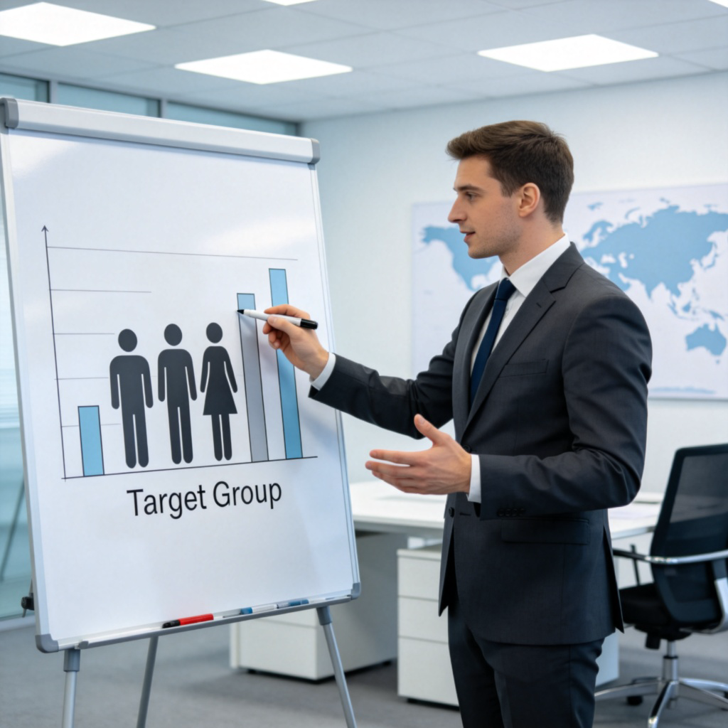 A businessperson in a modern office points at a whiteboard. On the whiteboard are simple charts, demographic icons (like silhouettes of men, women, different ages), and the words ‘Target Group’. The person is engaged, and a world map is faintly visible on the wall behind. Clean, professional atmosphere. No visible logos.