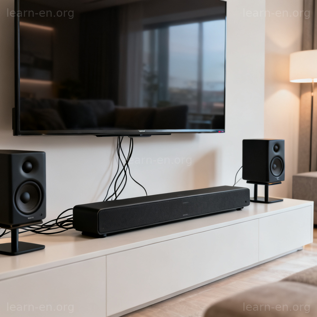 Audio equipment setup with modern soundbar and speakers, representing sound systems.