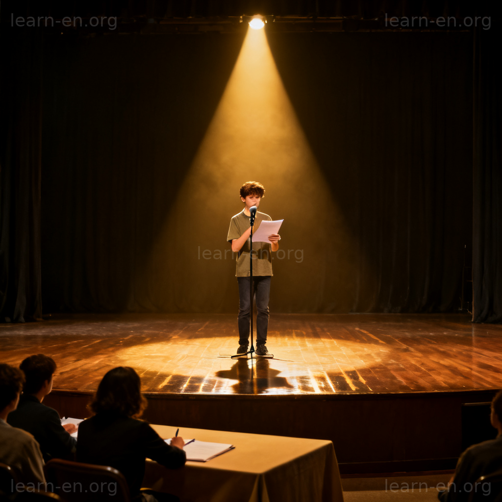 Audition scene: a nervous performer on stage under a spotlight during a tryout for judges.