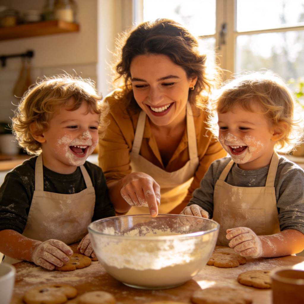 aunt 含义图解：阿姨在厨房教孩子烘焙的温馨家庭场景
