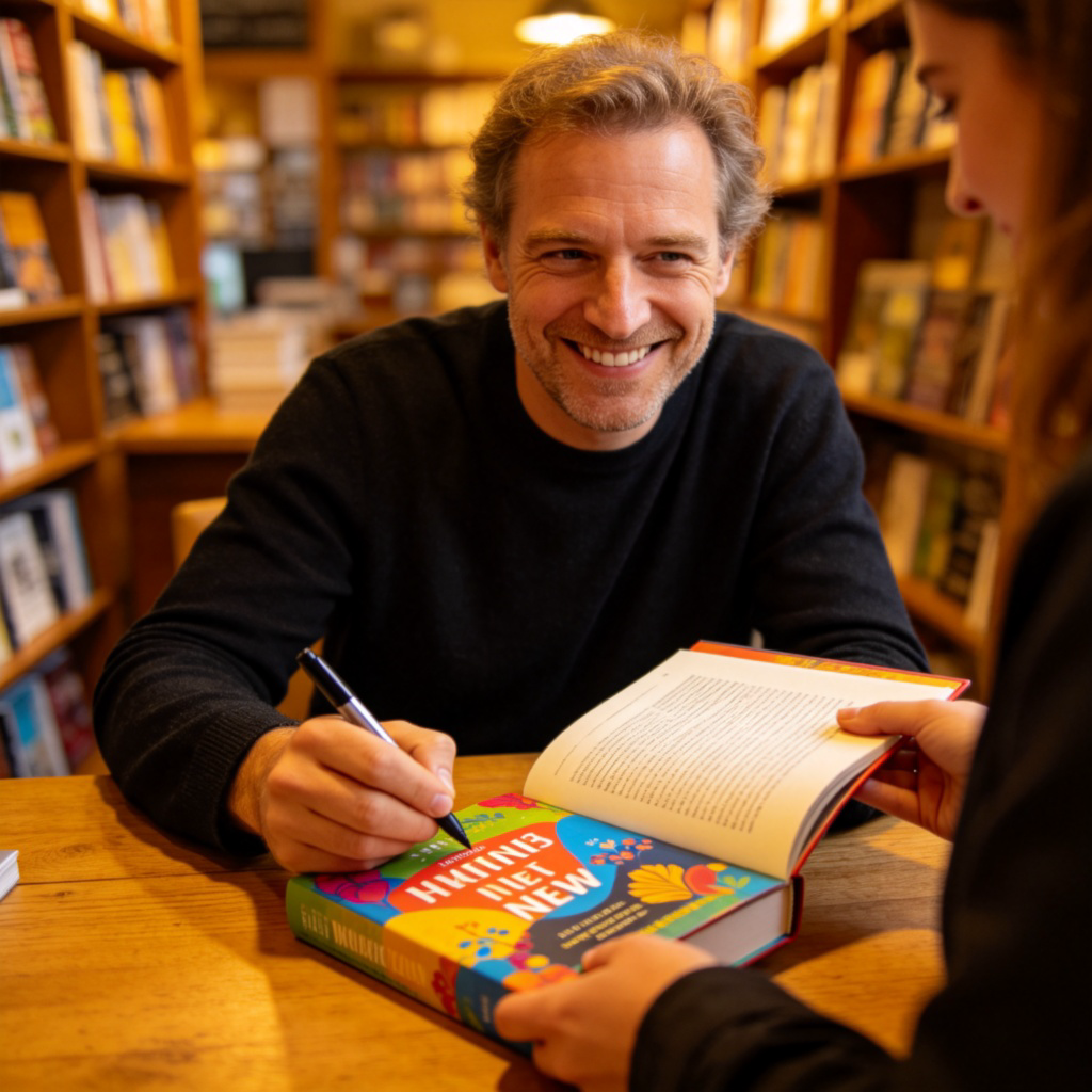 A smiling author sits at a table in a cozy bookstore, signing copies of their new novel for a fan. The book cover is colorful and clearly visible. Warm lighting, focus on the author's face and the act of signing. No text.