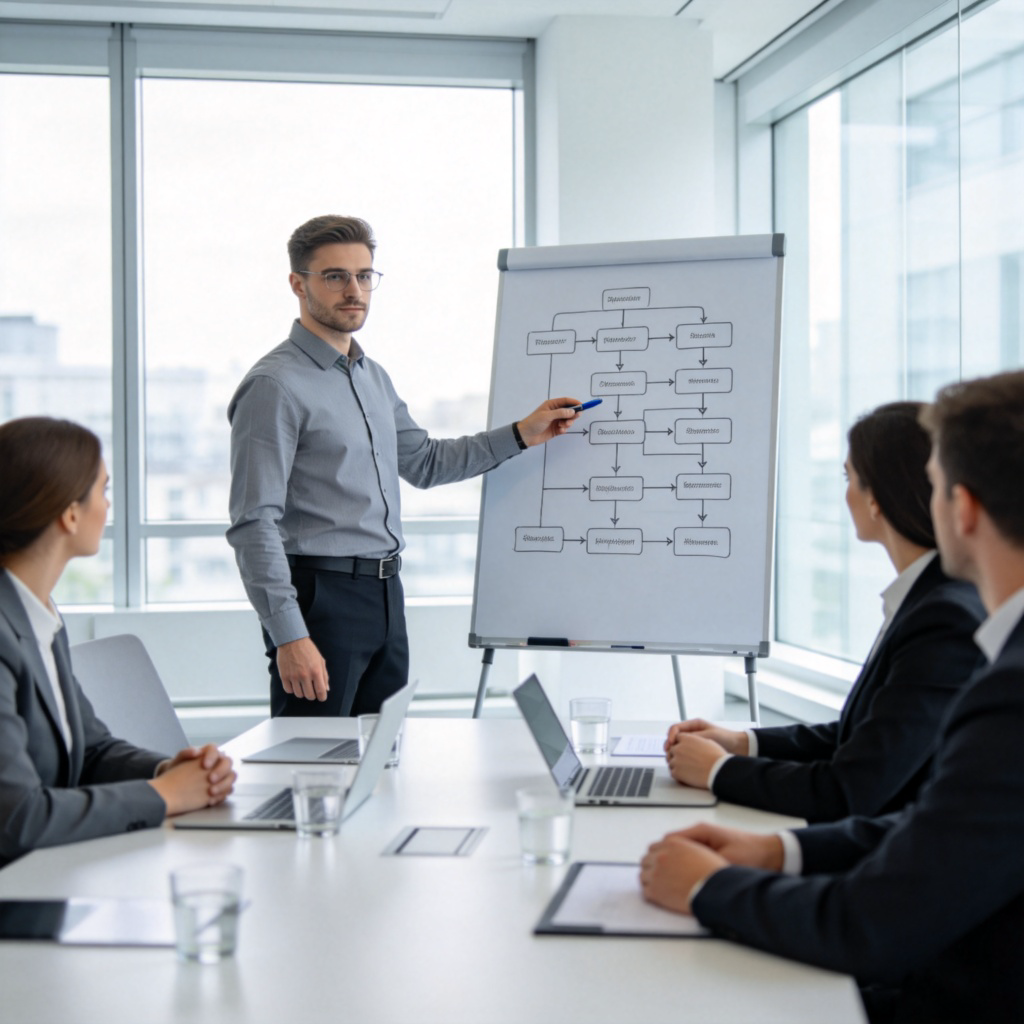 A confident person stands in front of a whiteboard in a modern meeting room, pointing to a flowchart they have just drawn. The chart illustrates a new project plan. Colleagues are listening attentively. Focus on the presenter and the original chart. No text.