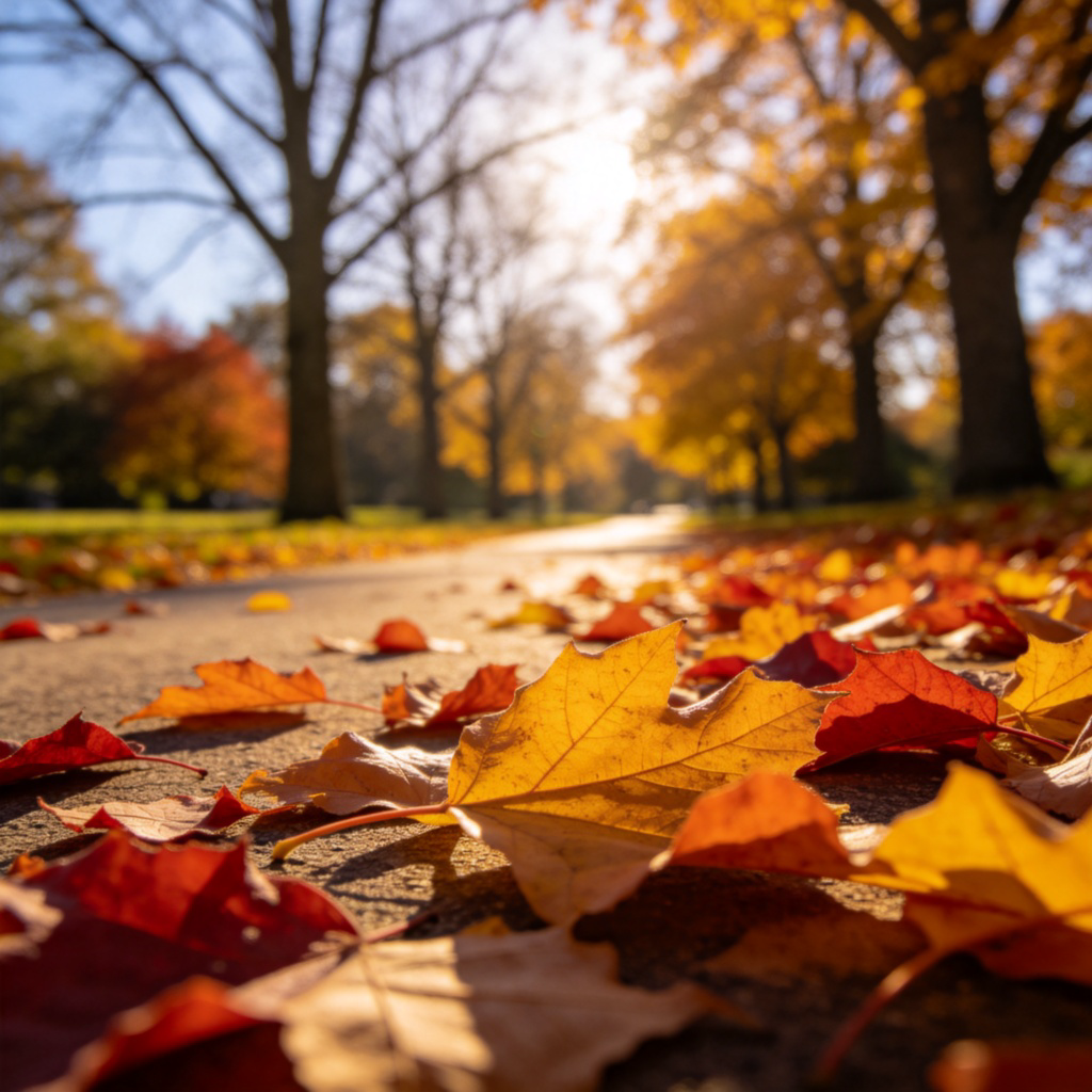 A close-up view of a park path covered with fallen red, orange, and yellow leaves. Sunlight filters through the canopy of trees, which are partly bare. The scene feels calm and crisp, capturing the essence of the season. Photorealistic style, no people or text in the frame.