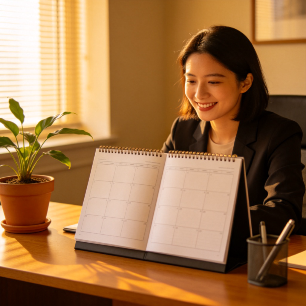 A person sitting at a desk, looking at an open calendar with no appointments marked, smiling and relaxed. Office setting, natural light, emphasis on free time. No text.