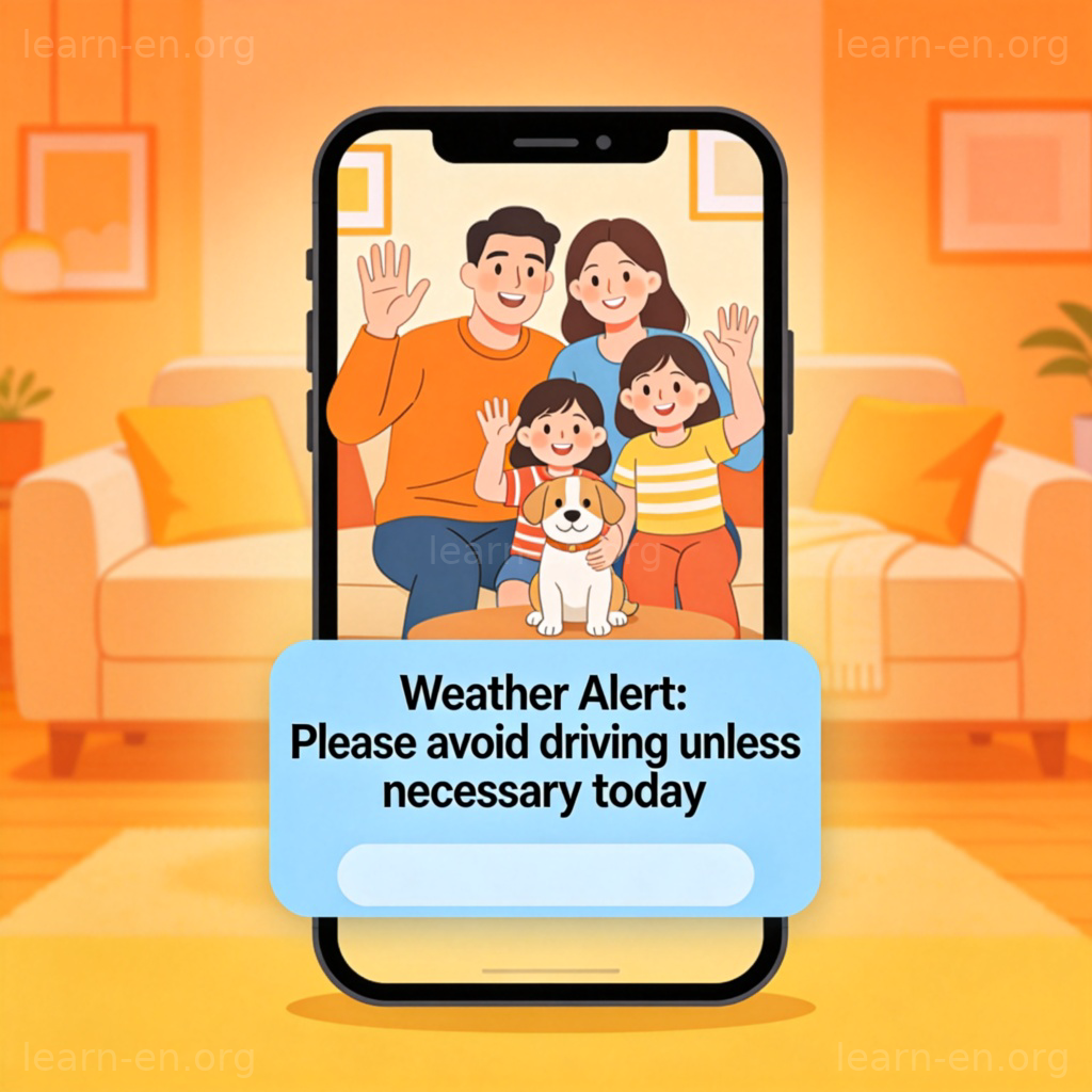 Avoid driving unless necessary 短语图解：手机天气预警与家庭视频通话场景
