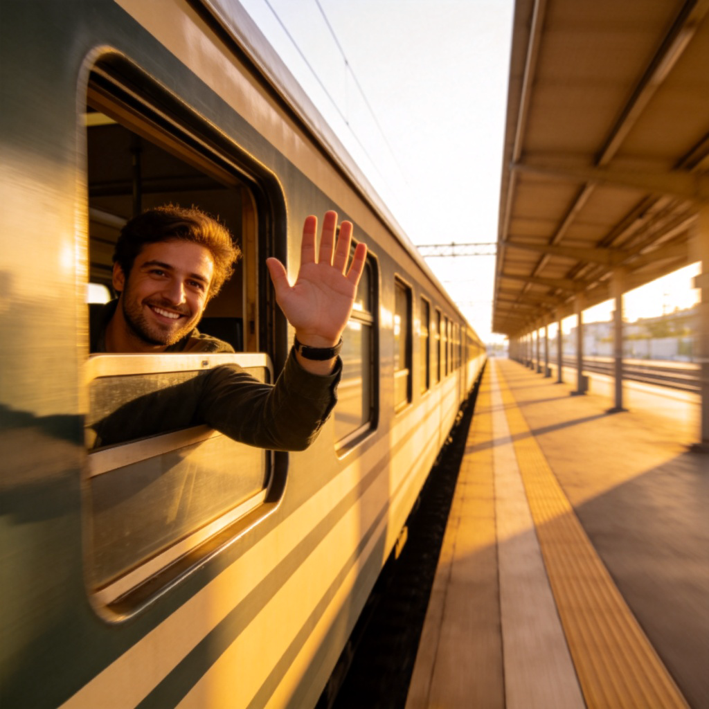 A person waving goodbye from the window of a departing train, seen from the platform. The train is moving, creating a slight motion blur. Focus on the person waving and the perspective of the platform receding. Sunny day, clear visibility. No text.