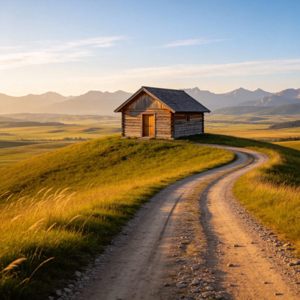 A single, small wooden cabin on a green hilltop, with a vast landscape stretching behind it. A winding dirt road leads to the cabin from the foreground, emphasizing its remote location. Clear blue sky, peaceful atmosphere. No text.