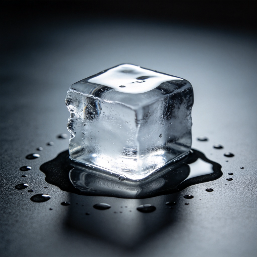 A close-up shot of an ice cube melting on a dark surface, turning into water. The solid shape is visibly receding, symbolizing something diminishing or disappearing. Water droplets are forming. Soft lighting from above. No text.