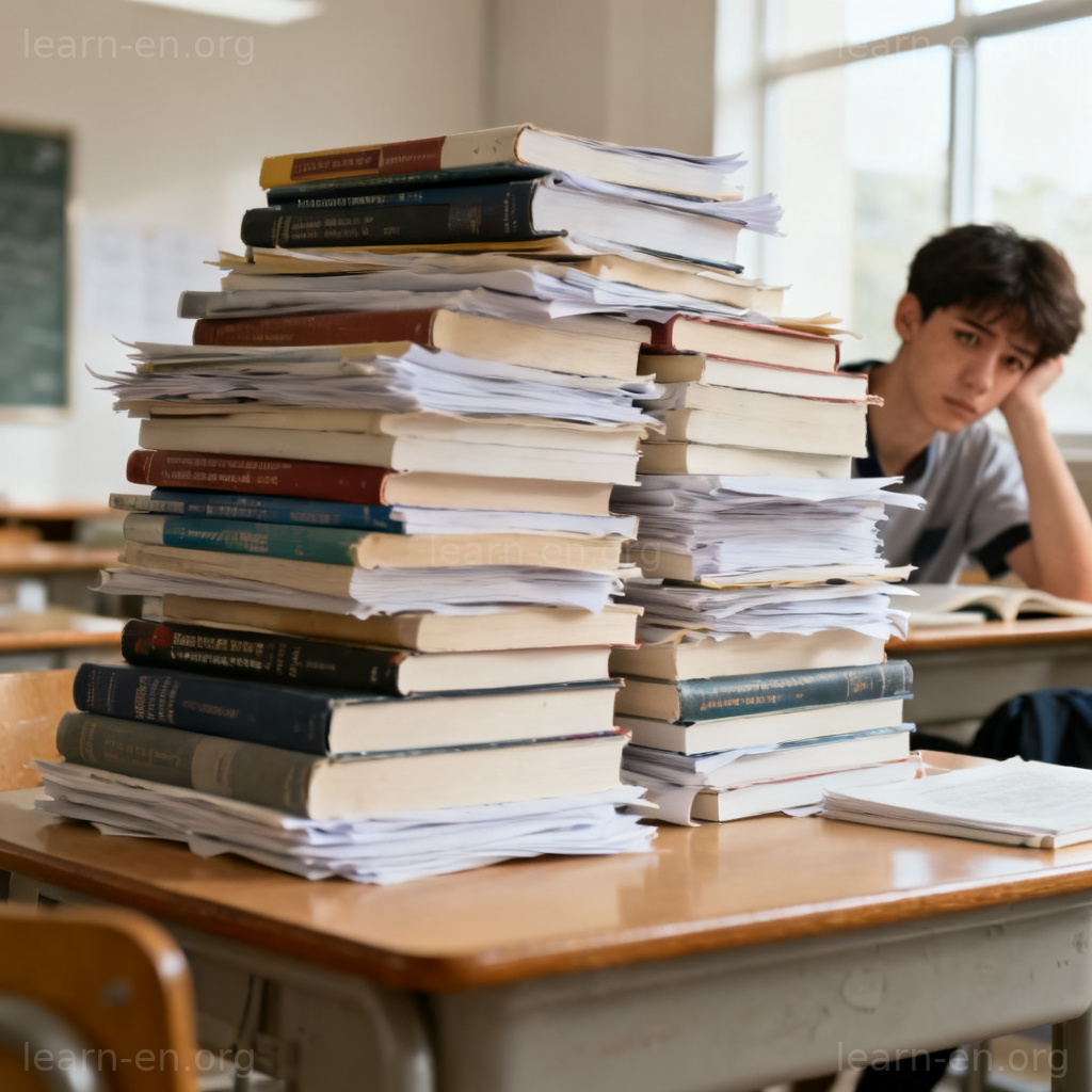 Awful lot of meaning: a desk overwhelmed by a huge pile of books and papers.