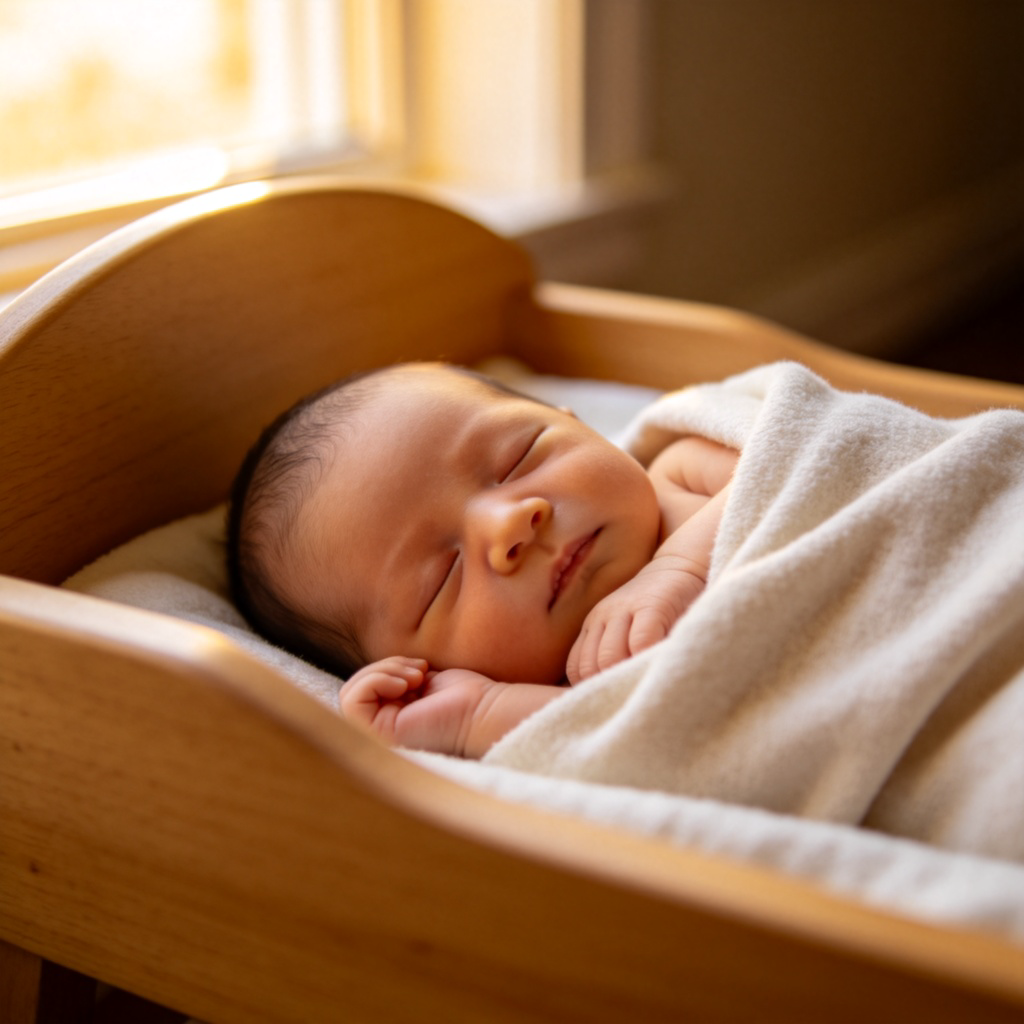 A close-up, high-resolution photo of a sleeping newborn baby wrapped in a soft, light-colored blanket, lying peacefully in a wooden cradle. The focus is on the baby's peaceful face and tiny hands. Warm, soft natural light from a nearby window. No people, text, or logos in the frame.