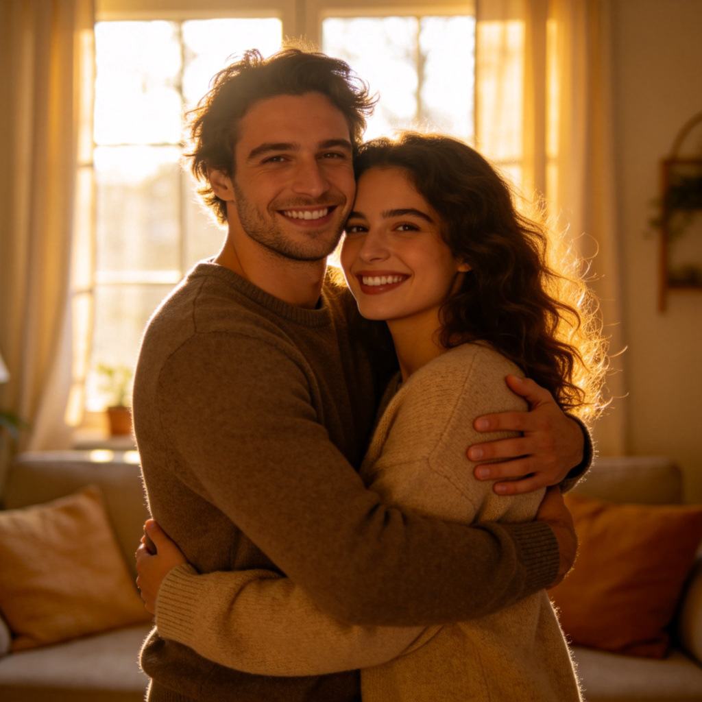 A happy couple in their late 20s, smiling warmly and hugging each other in a cozy, sunlit living room. One person affectionately calls the other "baby". The focus is on their genuine, loving expressions and close embrace. Casual home clothing, warm lighting, no text or logos.