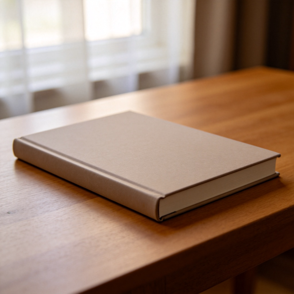 A close-up view of a hardcover book lying flat on a wooden table. The focus is on the back cover of the book, which is a solid color with no text. The spine of the book is visible, connecting it to the front cover. Natural daylight from a window. No text or logos on the book cover.