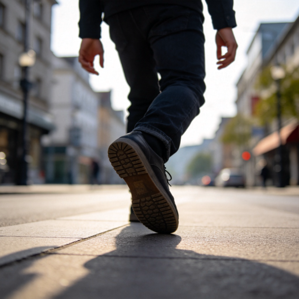 A person seen from the side, cautiously taking a step backward on a pavement. Their body language shows hesitation, with hands slightly raised in a defensive gesture. The focus is on the backward motion of the foot. Clear daytime, urban street background blurred. No text.