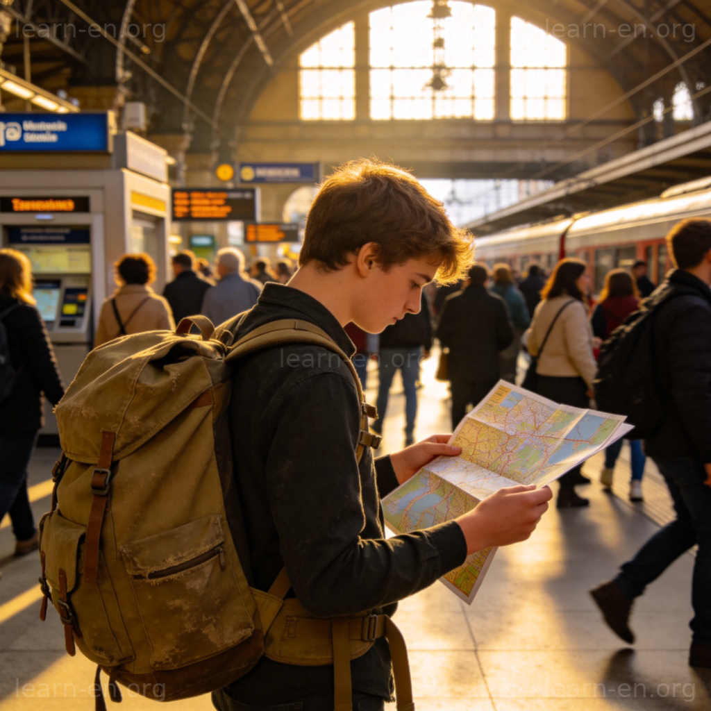 Backpacking budget travel: traveler with backpack at train station