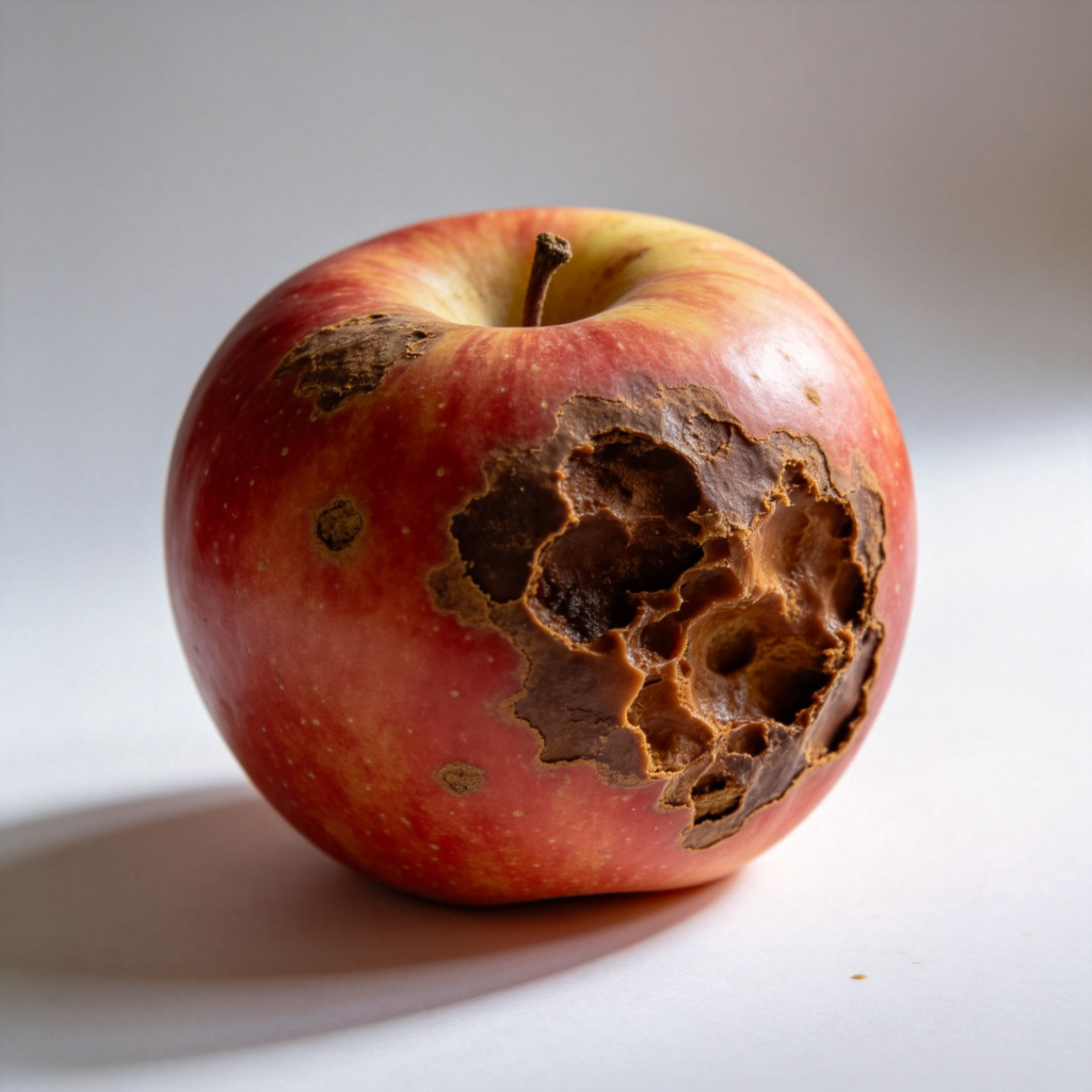 A single, large apple with obvious brown mushy spots and bruising, sitting on a plain white surface. Soft, natural light from the side, highlighting the contrast between the healthy red skin and the rotten part. Close-up shot, no people, no text.