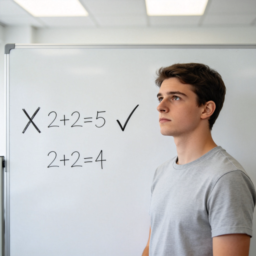 A person looking at a simple, large whiteboard. On the left is a clearly marked ‘X’ next to a wrong mathematical calculation (like 2+2=5). On the right is a check mark next to the correct answer (2+2=4). The person's expression is thoughtful. Clean, well-lit study environment. No text visible.