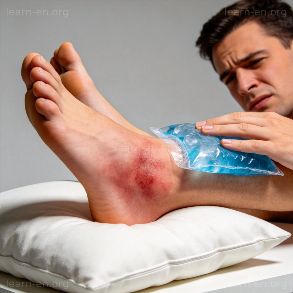 badly 严重地含义图解：脚踝严重扭伤冰敷场景