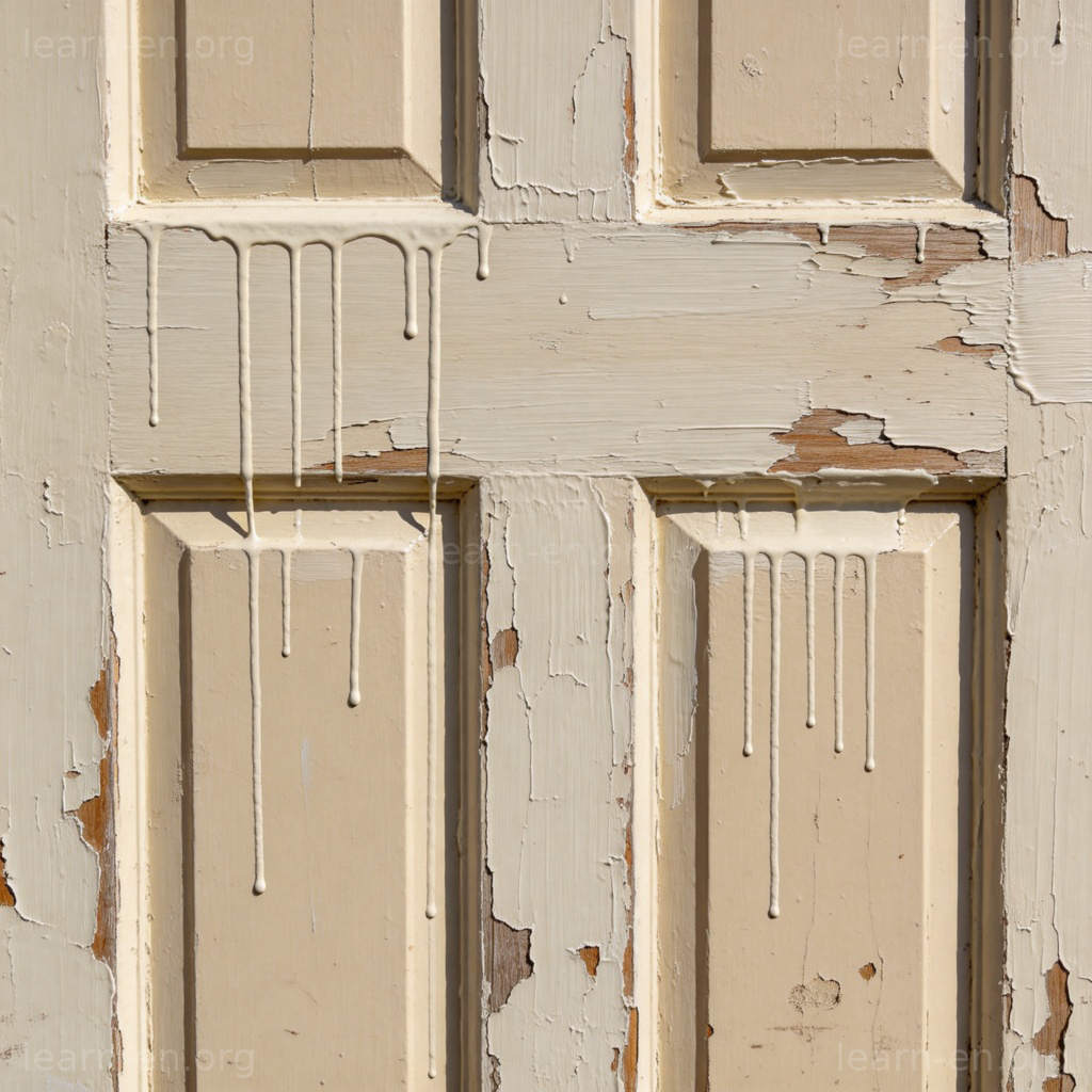 badly 差地含义图解：油漆刷得很差的门特写