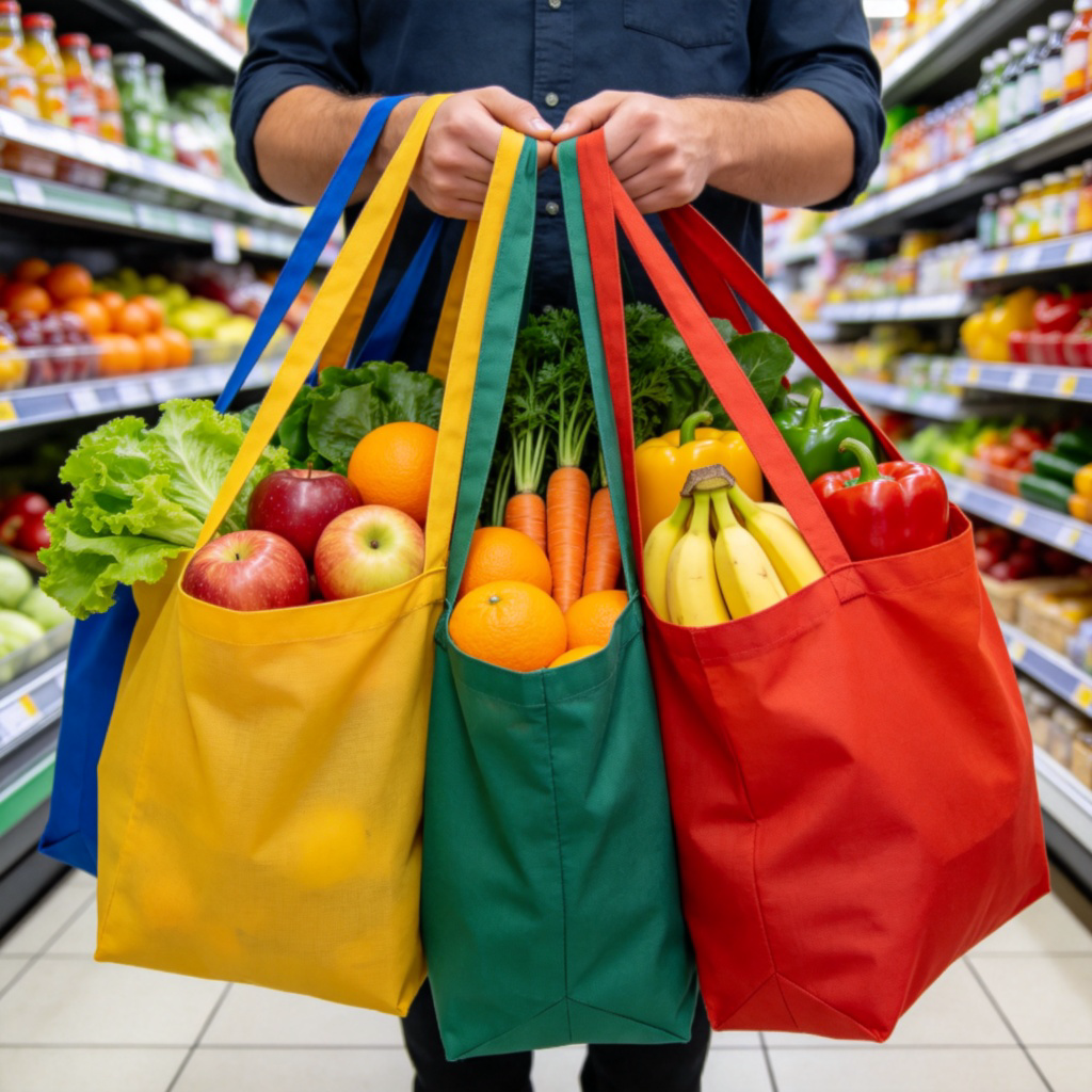 A person holding several colorful reusable fabric shopping bags filled with fresh fruits and vegetables, standing in a bright supermarket aisle. Focus on the bags and their contents. Realistic photo style, clear lighting. No text.