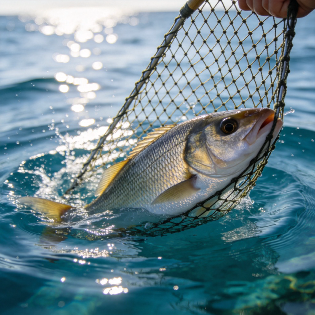 A close-up view of a fisherman's net pulling a large, gleaming fish out of clear blue water. The fish is caught in the mesh of the net. Sunlight sparkles on the water surface. Realistic, dynamic action shot. No text.