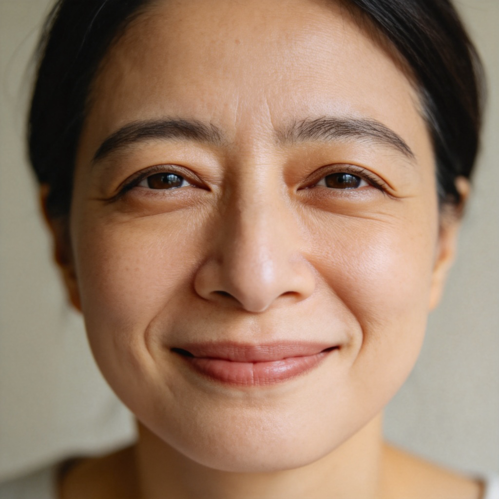 A close-up portrait of a tired but smiling person in their 30s or 40s, with gentle, natural lighting highlighting slightly puffy skin and mild shadows under the eyes. Plain background, focus on the eye area to show a realistic, non-exaggerated depiction of tiredness. No text.