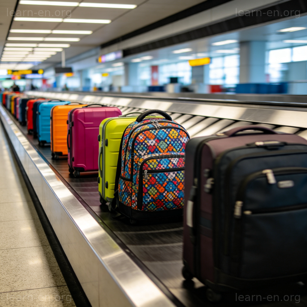Baggage 行李图解：机场传送带上彩色行李箱背包