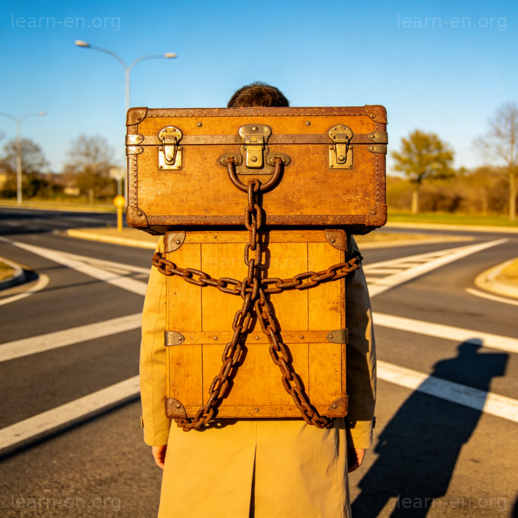 Baggage 情感包袱图解：背负沉重旧行李箱的人站在十字路口