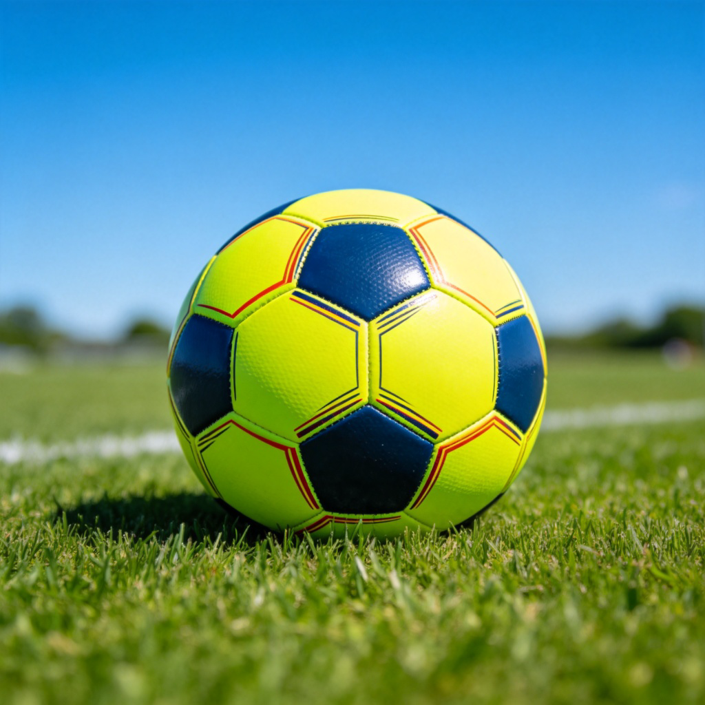 A single, brightly colored soccer ball sitting on a clean, green grass field under a blue sky. The ball is in sharp focus with a slightly blurred natural background. No people or text in the image.