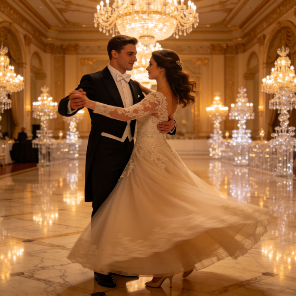 A couple in elegant formal wear, a man in a tuxedo and a woman in a flowing gown, dancing gracefully in a grand, sparkling ballroom with chandeliers. Warm, festive lighting, focus on their movement and attire. No text.