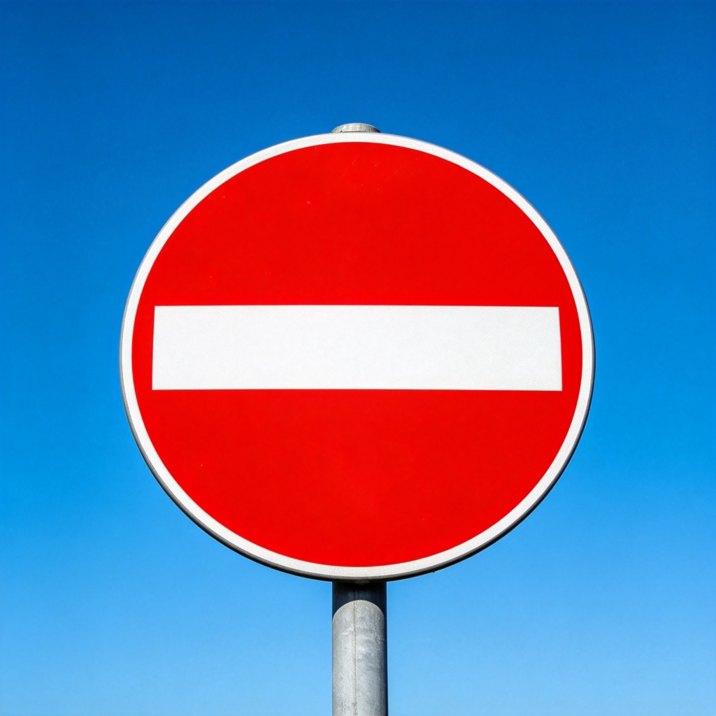 A close-up of a bright red circular traffic sign with a white horizontal bar in the middle, meaning 'No Entry' or 'Prohibited'. The sign is mounted on a pole against a clear blue sky. The image is sharp, photorealistic, and focuses solely on this universal symbol of banning. No text or logos.