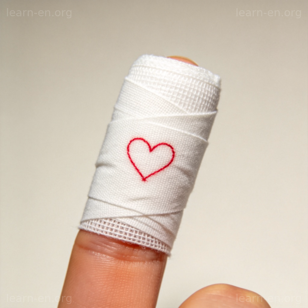 White cloth bandage wrapped around finger with heart