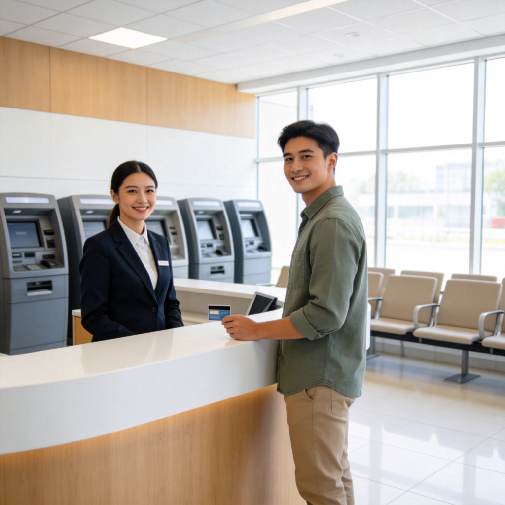 A clean, modern bank interior with a friendly teller behind a counter, smiling at the camera. A customer is standing at the counter, holding a debit card. In the background, there are ATM machines and waiting area chairs. Daylight from large windows, professional atmosphere. No text.