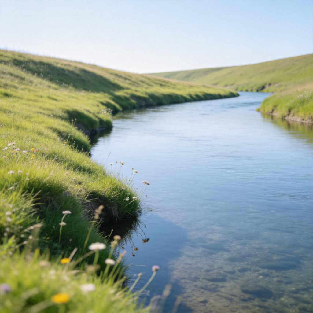 A peaceful scene of a gentle, slow-moving river. The focus is on its grassy, gently sloping bank, where green grass meets the water's edge. A few wildflowers grow on the bank. The water is clear, reflecting the blue sky. No people in the shot.