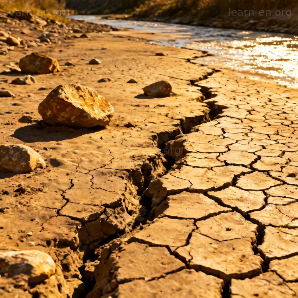 Figurative meaning of bankrupt shown by a dry, cracked riverbed symbolizing lack.