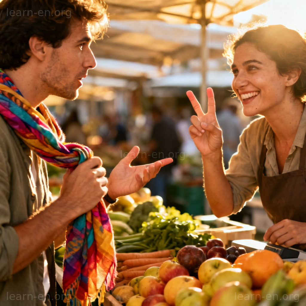 Two people negotiating a price at an outdoor market stall