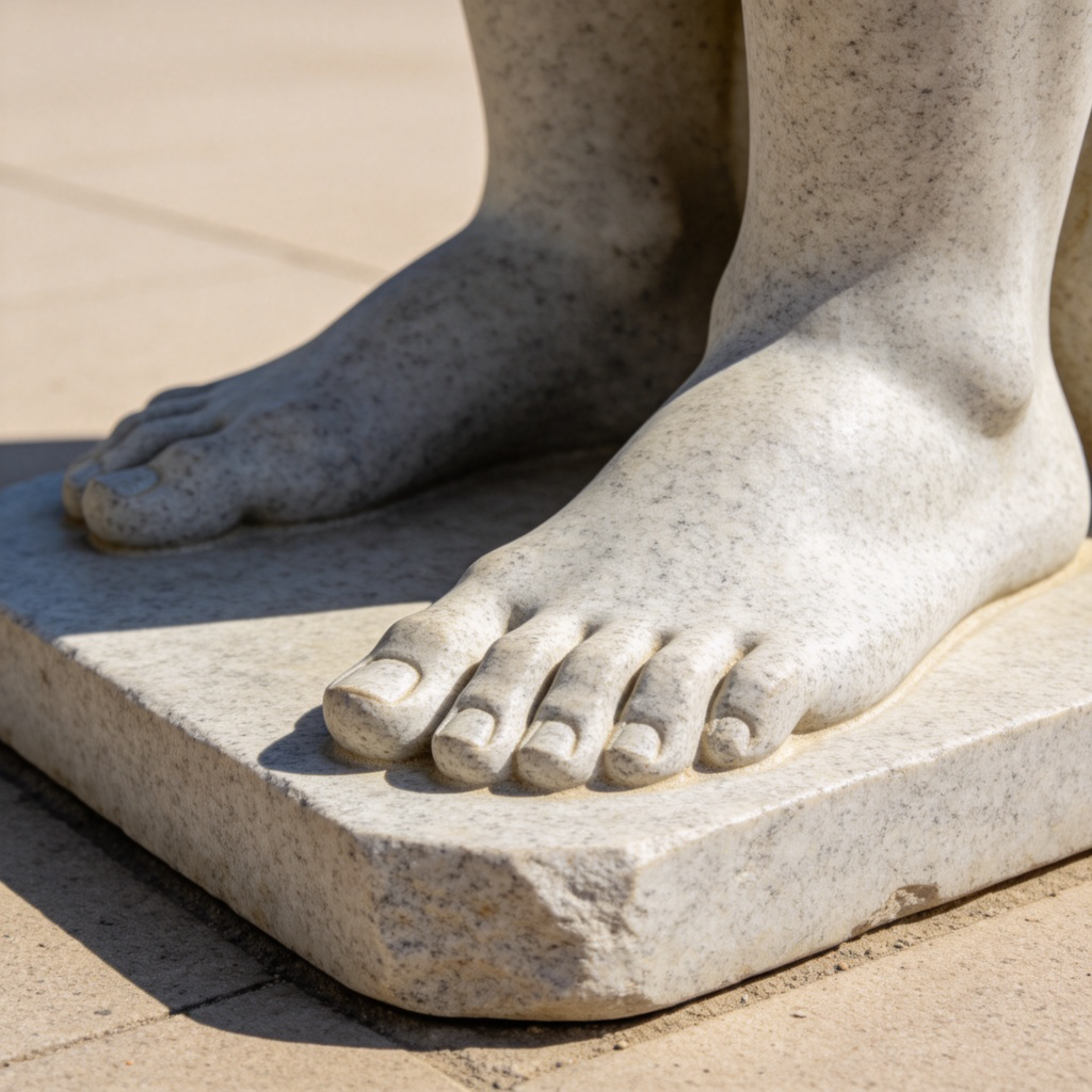 A close-up photo of the broad, sturdy base of a classic stone statue, sitting firmly on the ground. The base is made of solid granite, and the statue's feet are attached to it. Clean background, natural daylight. No text.