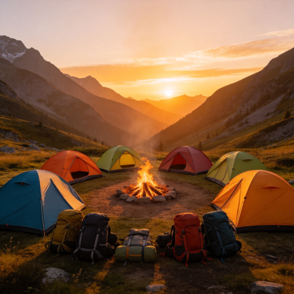 A wide-angle view of a temporary camp in a mountain valley. Several colorful tents are set up in a circle, with a campfire in the center. Backpacks and equipment are neatly arranged nearby. Clear sky, sunset lighting. No text.