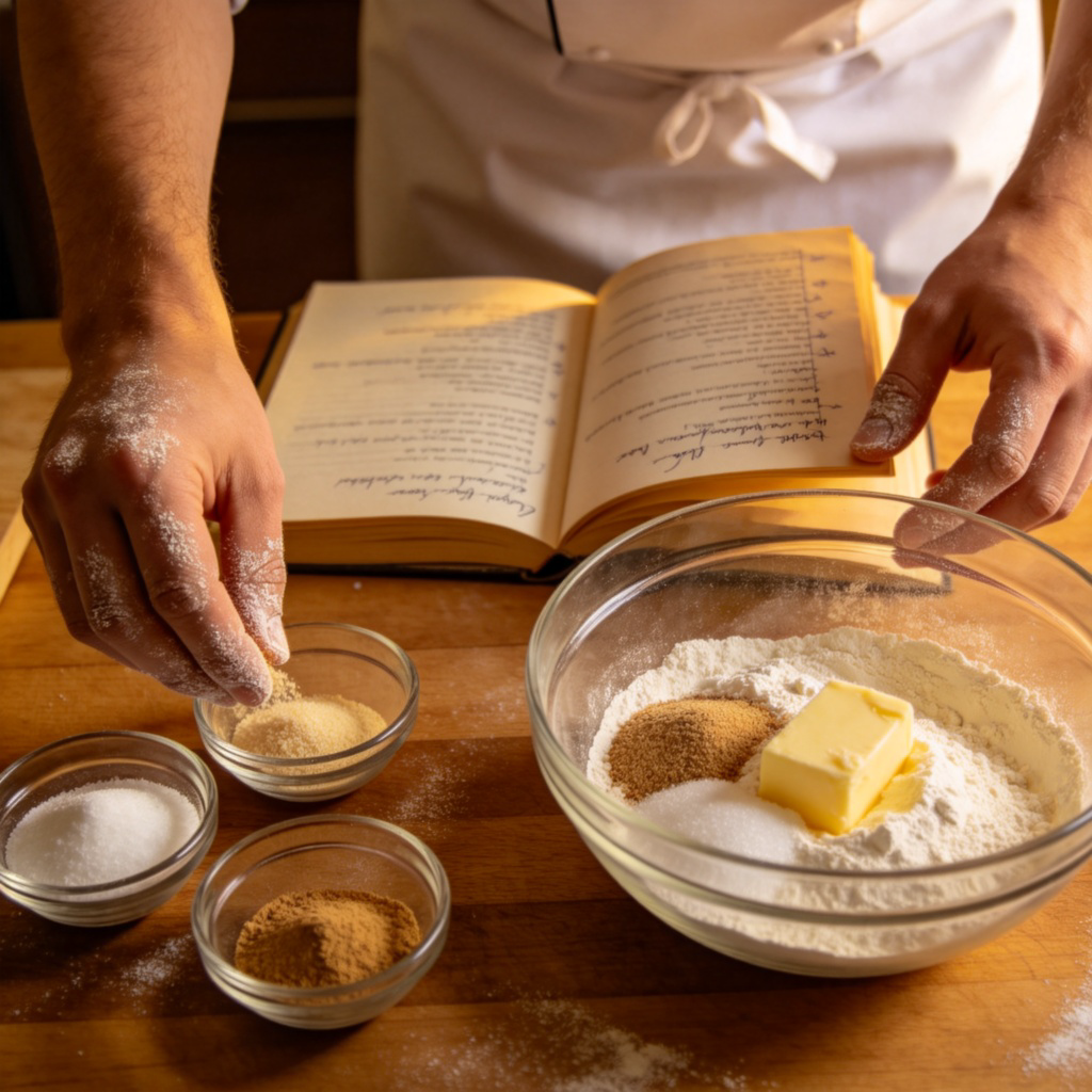 A chef in a kitchen, carefully following a recipe book. The chef looks at the book, then adds ingredients to a bowl. The scene shows the idea of using instructions (the base) to create something. Warm kitchen lighting, focus on the cookbook and chef's hands. No text.