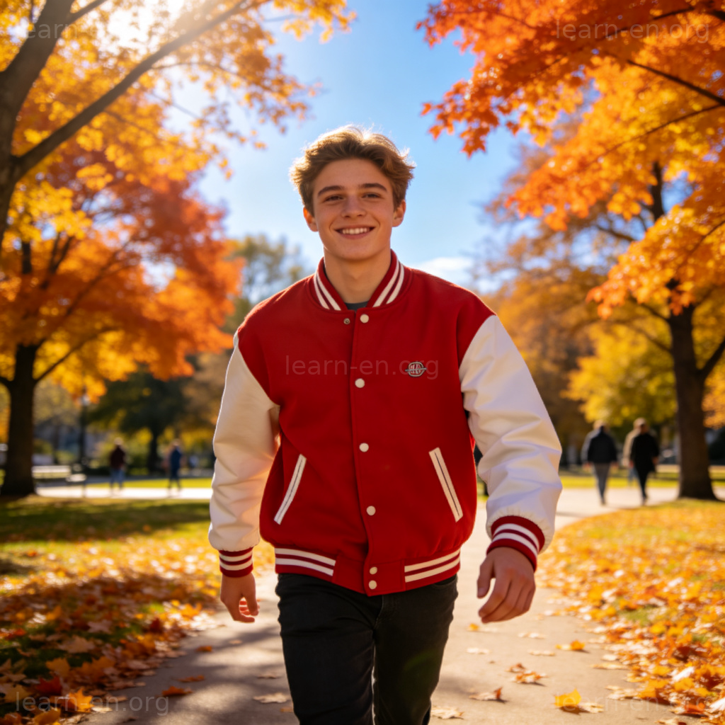 Baseball Jacket 图解：年轻人在公园穿着红白经典棒球外套