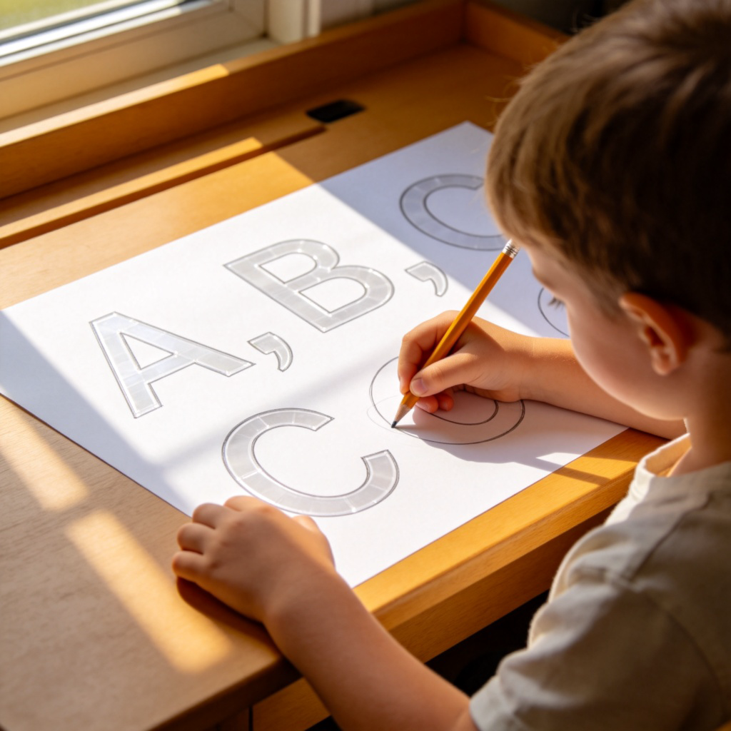 A young child sitting at a wooden desk, carefully tracing the letters A, B, and C on a large piece of paper with a pencil. The ABC letters are large and clear. Warm natural light from a window. Focus on the child's hands and the paper. No text.