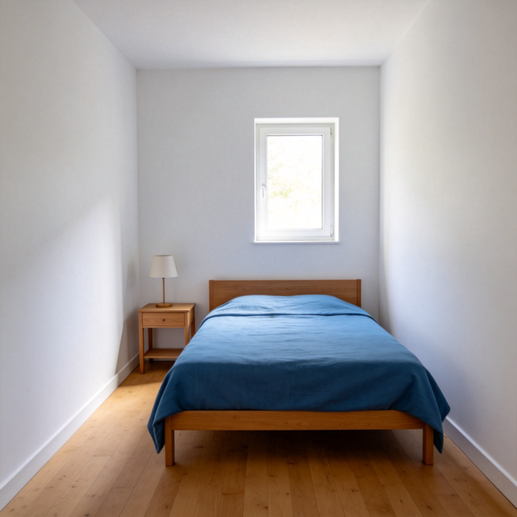 A simply furnished, small room with white walls. A single wooden bed with a plain blue blanket and a small wooden nightstand with a lamp on it. The floor is bare wood. Daylight comes from a single small window. The scene is clean but minimal. No text.