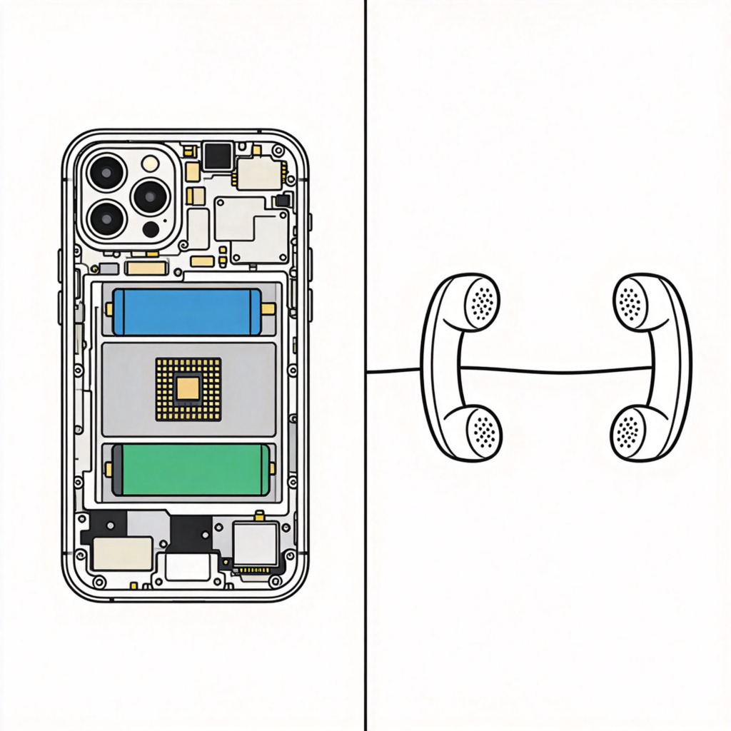 A side-by-side split-screen image. On the left, a complex, exploded diagram of a smartphone with many labelled parts (camera, battery, chip). On the right, a simple cartoon drawing of two old-fashioned landline phones connected by a single line. The visual contrast shows reducing something complex to its basic purpose. Clean, diagrammatic style on white background. No text.