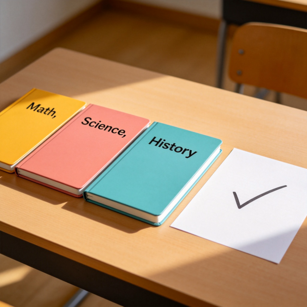 A top-down view of a desk with three different colored notebooks labeled "Math," "Science," and "History" neatly arranged side-by-side. Next to them is a single, simple checkmark on a piece of paper, representing the overall satisfactory status of the work. Soft daylight, shallow depth of field. No text.