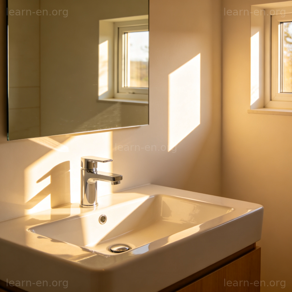 A clean, modern bathroom with a porcelain sink, a silver faucet, and a mirror above it. Morning sunlight streams through a small window.