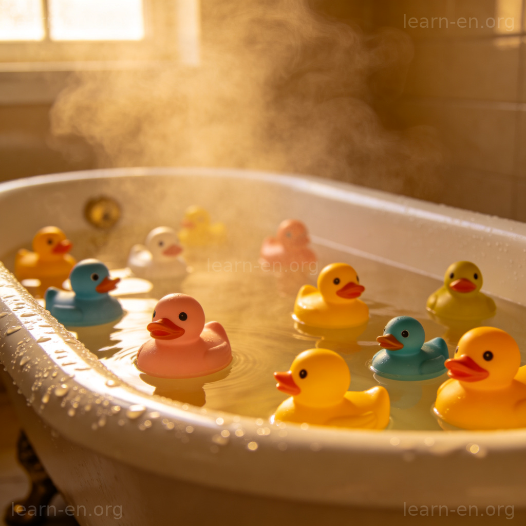 Bathtub 浴缸图解：白色陶瓷浴缸充满热水，周围有彩色橡皮鸭