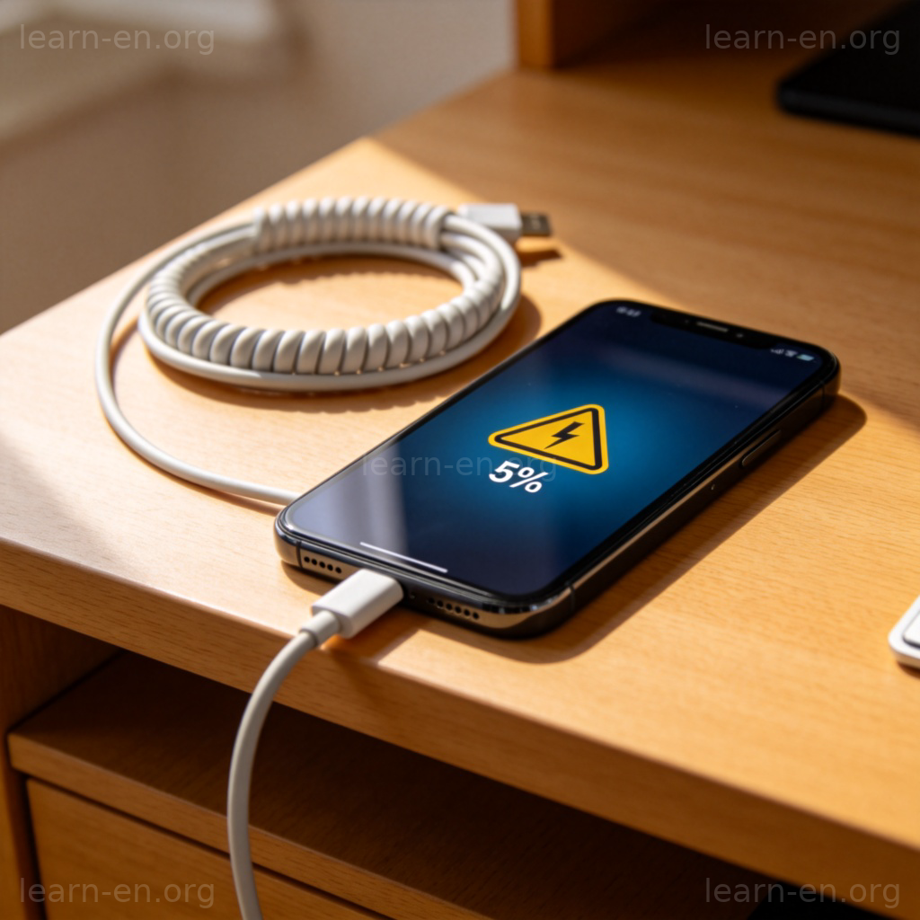 A smartphone screen showing a low battery warning icon at 5%, sitting on a wooden desk next to a charging cable.