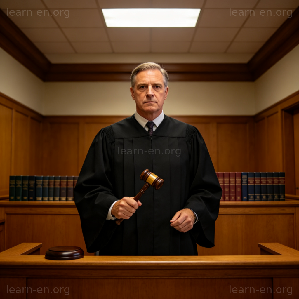 Judge in courtroom with gavel and law books