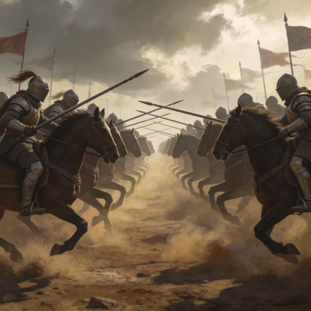 A historical painting style scene of a battlefield. Two lines of armored knights on horseback are charging towards each other under a cloudy sky. Lances are lowered, and dust is kicked up from the ground. The focus is on the central clash, with blurred flags in the background. No text.